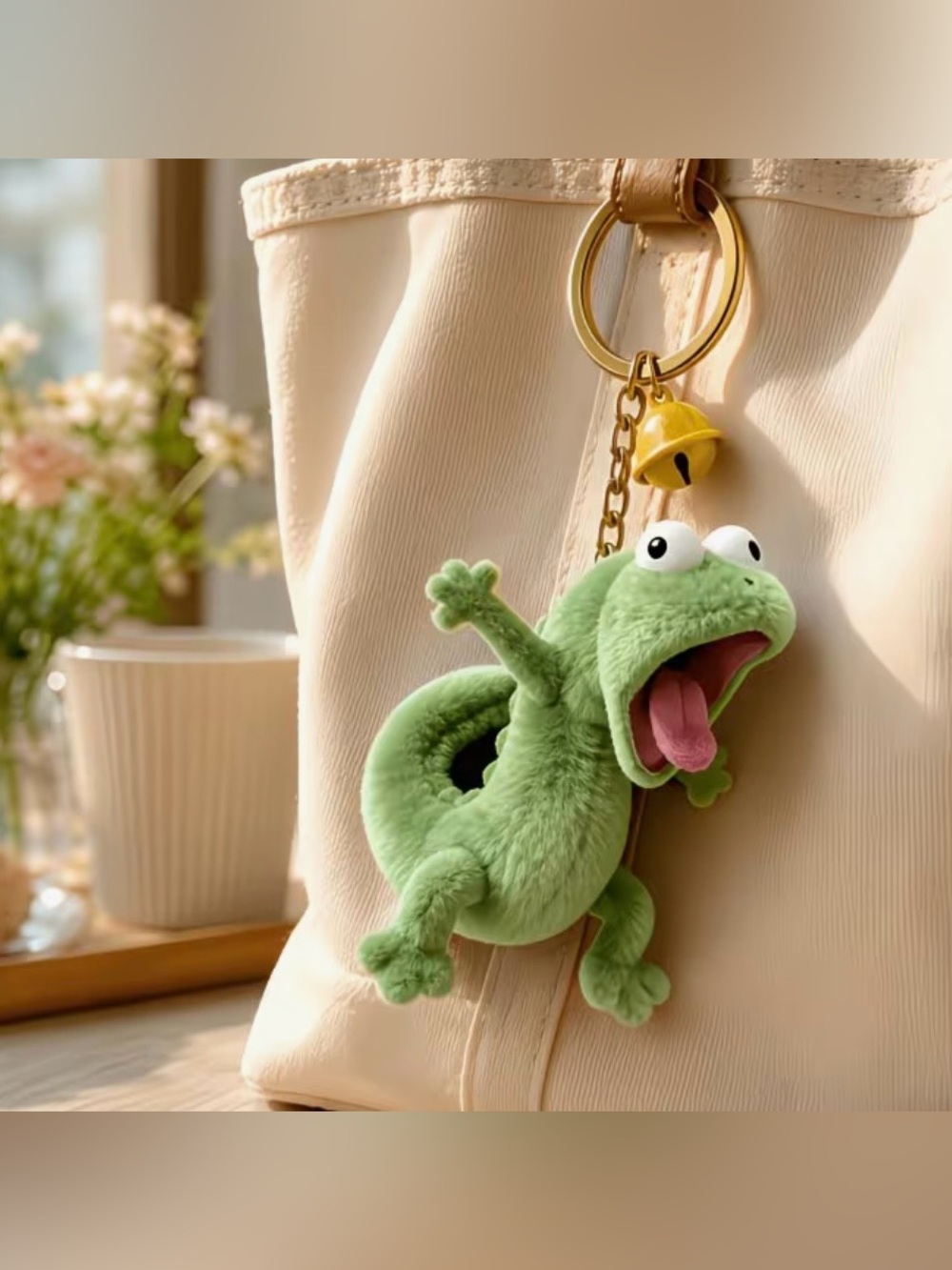 Screaming Lizard Plush Keychain Funny Chameleon Meme Bag Charm with Bell NEW